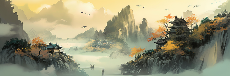 橙色山谷日出之时淡彩水墨画中国风水墨山水画,插画/手绘图,插画/手绘图库,插画/手绘图下载,插画/手绘